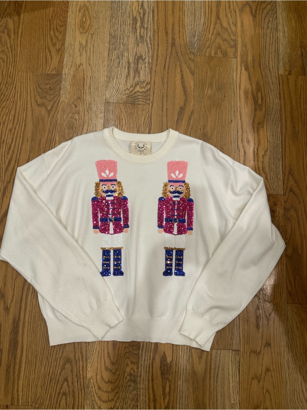 Fantastic Fawn Cream Sweater with Pink Sequin Nutcracker Motifs